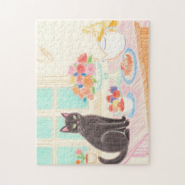 Tea-Time Black Cat Puzzle – Cozy Winter Gift Idea