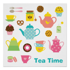 Tea Time Poster – Cute Pastel Teapots & Sweets