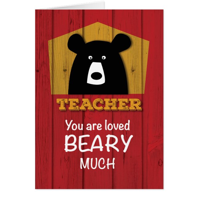Teacher, Valentine Bear Wishes on Red Wood Grain (Frente)