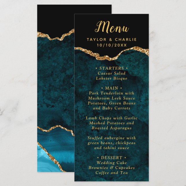 Teal Blue and Gold Agate Wedding Menu (Anverso / Reverso)