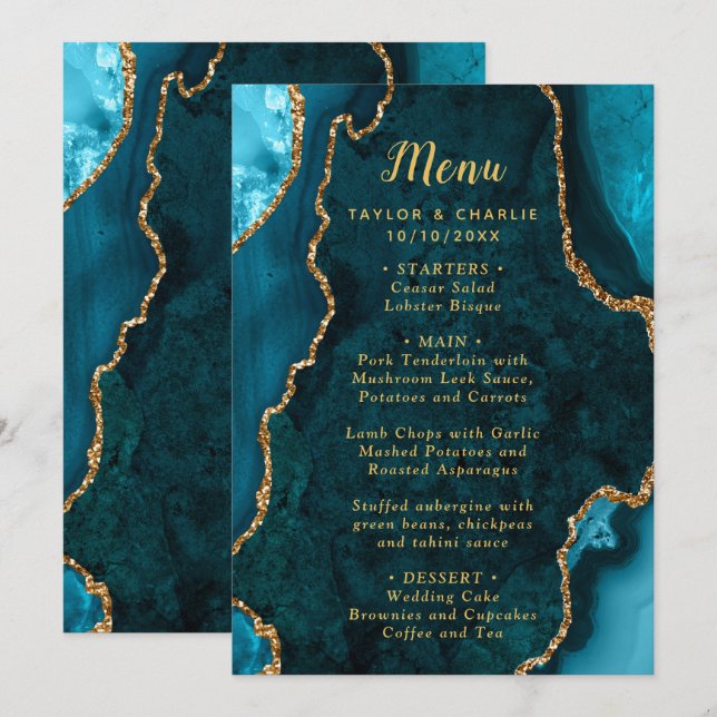 Teal Blue and Gold Agate Wedding Menu (Anverso / Reverso)