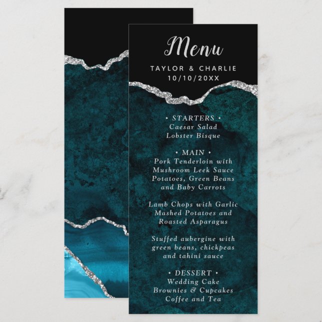 Teal Blue and Silver Agate Wedding Menu (Anverso / Reverso)