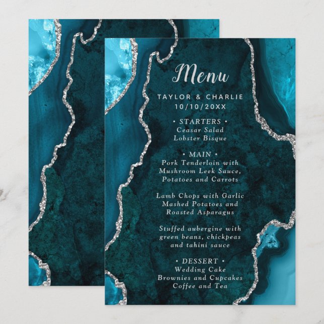 Teal Blue and Silver Agate Wedding Menu (Anverso / Reverso)