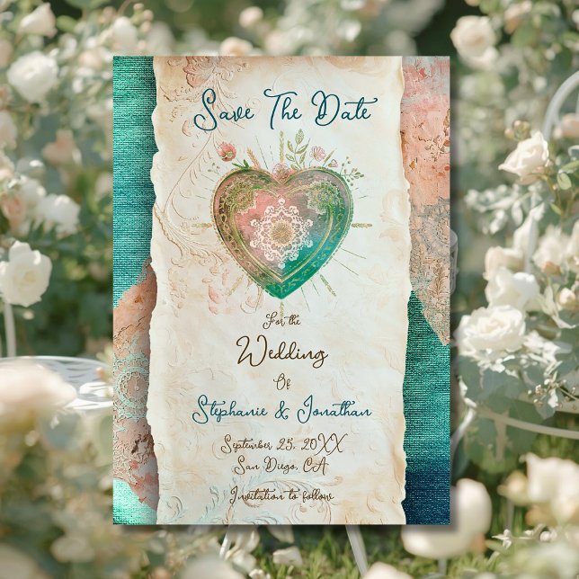 Teal Blush Lace Heart Baroque Save the Date (Subido por el creador)