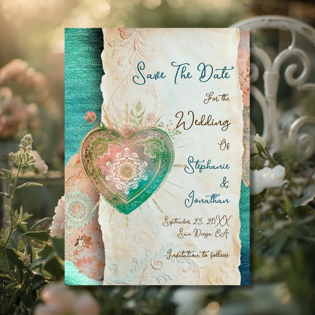 Teal Blush Lace Heart Rococo Wedding Save the Date (Subido por el creador)