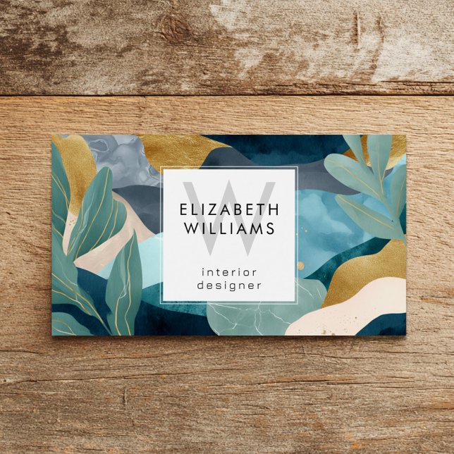 Teal Gold Modern Abstract Monogram Business Cards (Subido por el creador)