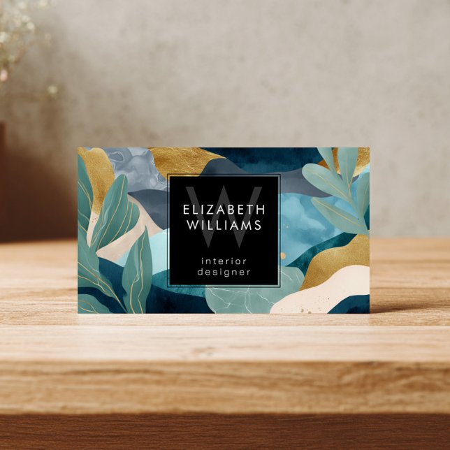 Teal Gold Modern Abstract Monogram Business Cards (Subido por el creador)