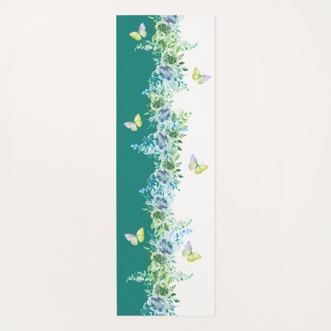 Teal Green Floral Butterfly Yoga Mat  (Anverso)