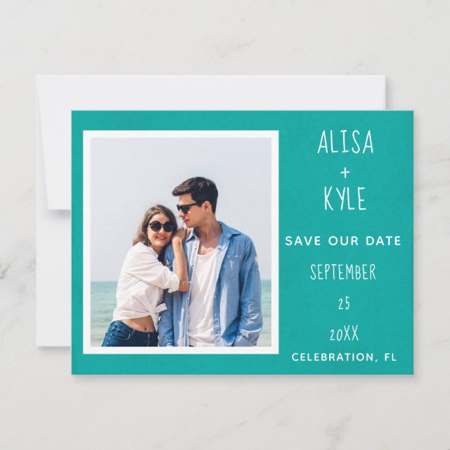 Teal Modern Photo Save the Date (Anverso)