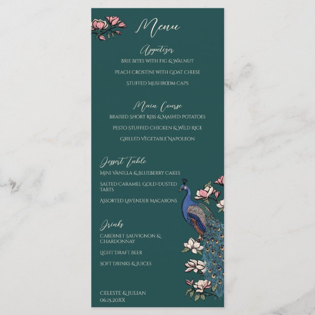 Teal Peacock Hand-Drawn Wedding Menu (Anverso)