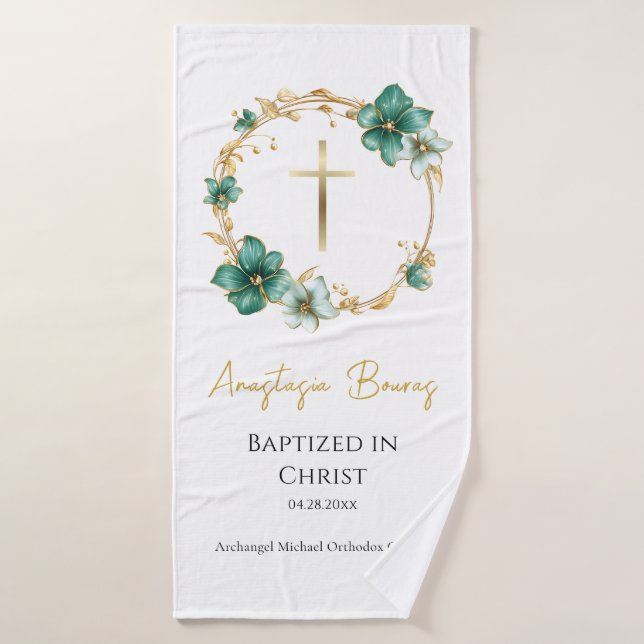 Teal & Sky Blue Flowers Orthodox Baptism Gift     (Toalla de baño)