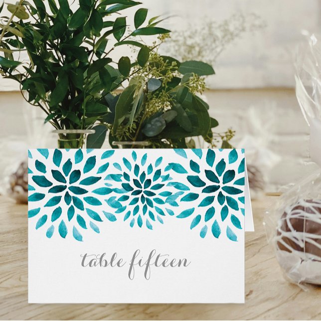 Teal Watercolor Chrysanthemum Table Card (Teal Watercolor Chrysanthemum Wedding Table Card)