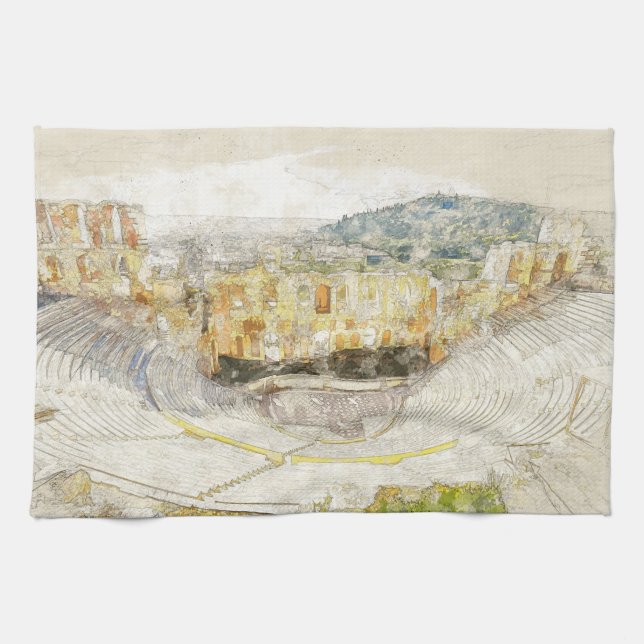 Teatro antiguo de Atenas toalla de cocina griega (Horizontal)