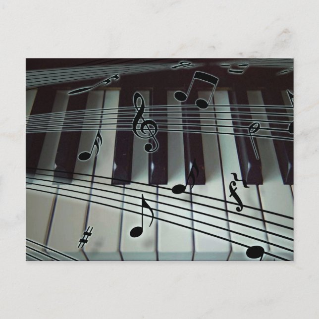 Teclado de piano u órgano con notas musicales (Anverso)