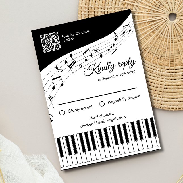 Teclas de Piano Notas Musicales Código QR Boda (Angled view song lyrics music lover with romantic piano keys wedding rsvp card)