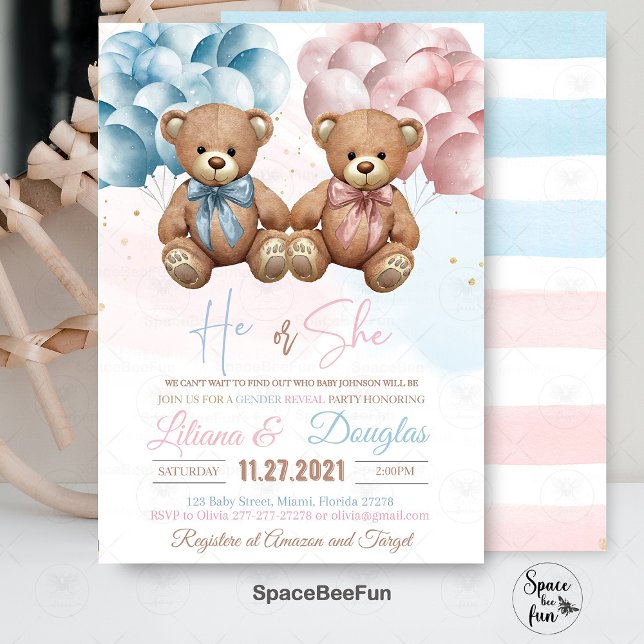 Teddi recibe una invitación en Baby Shower de su g (Teddy Bear invitation,Baby Shower Invitation,He or She,Gender Reveal, Baby Shower bear,teddy bear In)