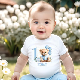 Teddy Bear 1er cumpleaños Blue Beige Camiseta bebé