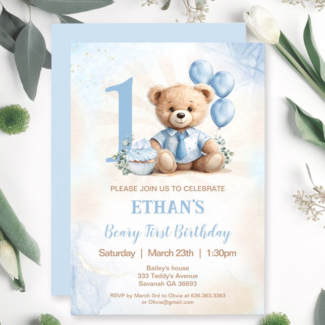 Teddy Bear 1er cumpleaños Globos azules Invitación (Teddy Bear 1st Birthday Blue Balloons Invitation)