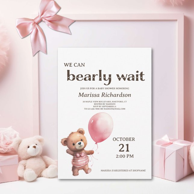 Teddy Bear Baby Girl Invitación A La Ducha (sweet pink teddy bear we can bearly wait baby girl shower invitation, cute classic custom invite)