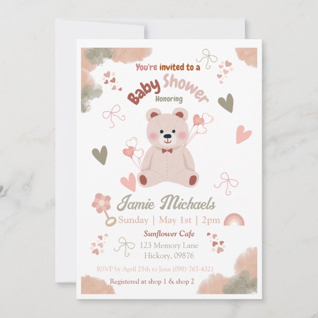 Teddy Bear Baby Girl Invitación Baby Shower (Anverso)
