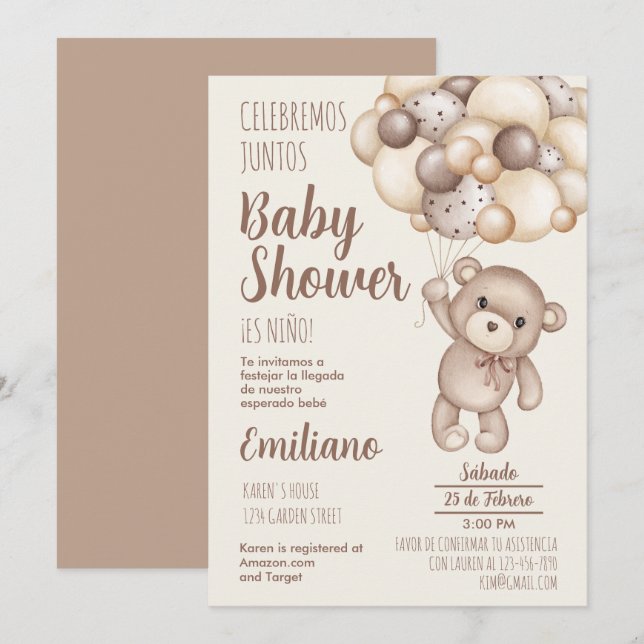 Teddy Bear Baby Shower Invitación española (Anverso / Reverso)