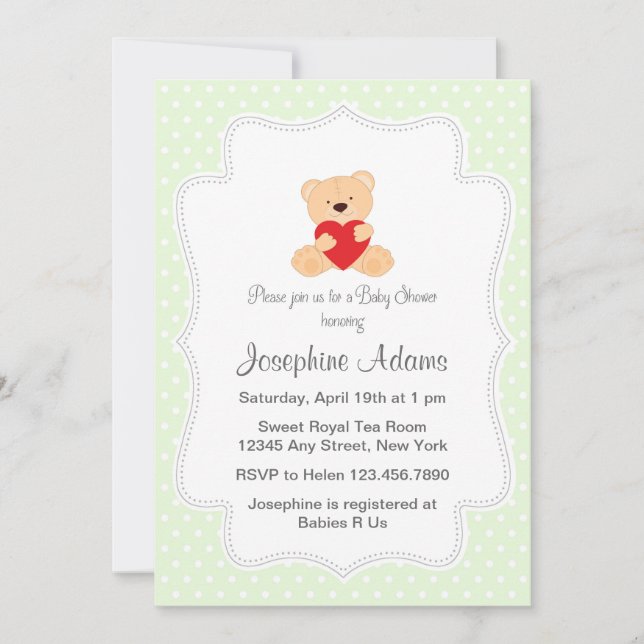 Teddy Bear Baby Shower Invitación Mint Green (Anverso)