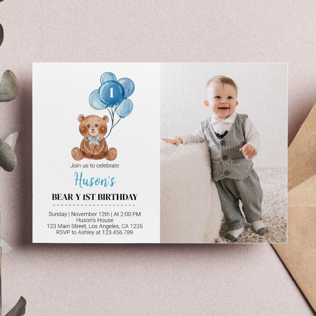 Teddy Bear Balloon Invitación al cumpleaños Blue B (Subido por el creador)