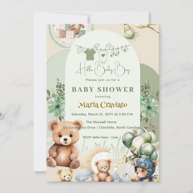 Teddy Bear & Balloons Bebé Niño Invitación a ducha (Anverso)