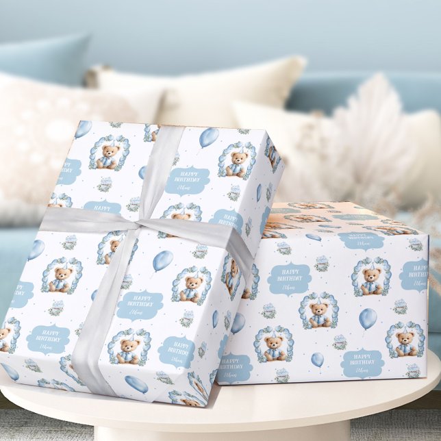 Teddy Bear Birthday Boy Nombre Papel de envolvimie (Teddy Bear Birthday Boy Name Blue Wrapping Paper)