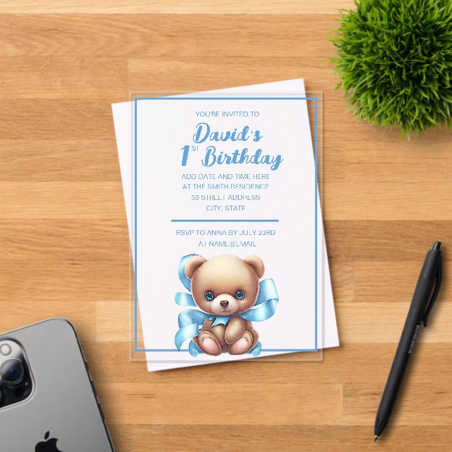 Teddy Bear Blue Birthday Acrylic Invitación (Insitu (Tarjeta de Invitación))