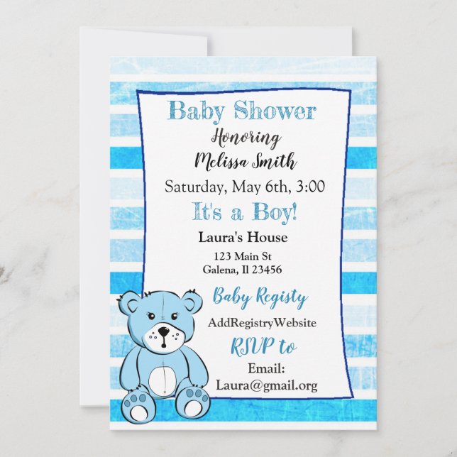 Teddy Bear Blue Boy Baby Shower Invitaciones (Anverso)