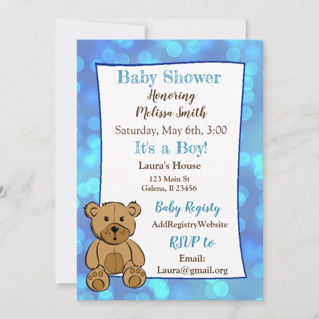 Teddy Bear Blue Boy Baby Shower Invitaciones (Anverso)