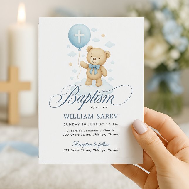 Teddy Bear Blue Boy Baptism Invitación (Elegant teddy bear baptism invite with cross balloon – soft neutral design, perfect for boys)