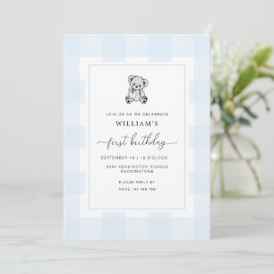 Teddy Bear Blue Gingham Primera Invitación de Cump