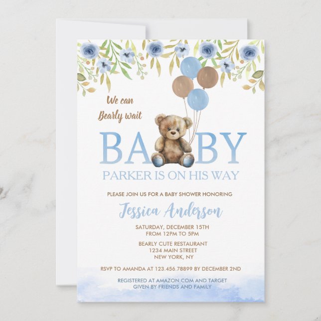 Teddy Bear Boho Blue Boy invitaciones a la ducha d (Anverso)