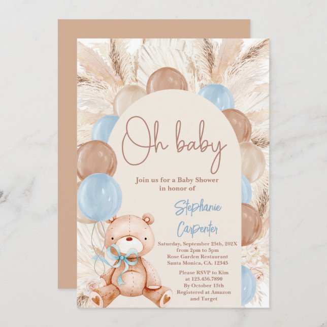Teddy Bear Boho Pampas Bebé Chico Invitación (Anverso / Reverso)