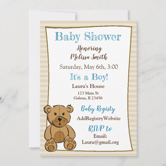 Teddy Bear Boy Baby Shower Invitaciones (Anverso)