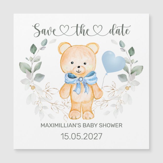 Teddy Bear Boy Baby Shower Salve la fecha (Anverso)