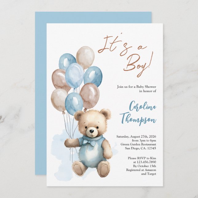 Teddy Bear Boy Globos azules Invitación a Baby Sho (Anverso / Reverso)