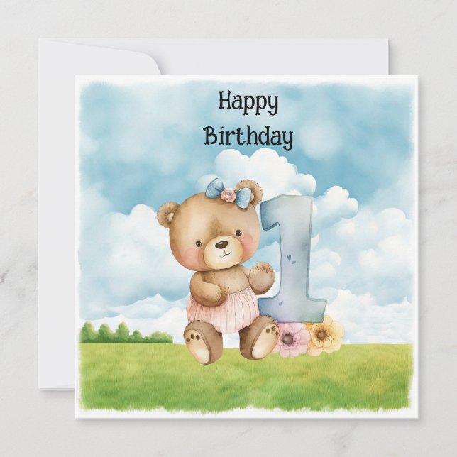 Teddy Bear Chica Primera acuarela de cumpleaños un (Anverso)