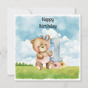 Teddy Bear Chica Primera acuarela de cumpleaños un