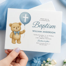 Teddy Bear & Cross Baptism Invitación
