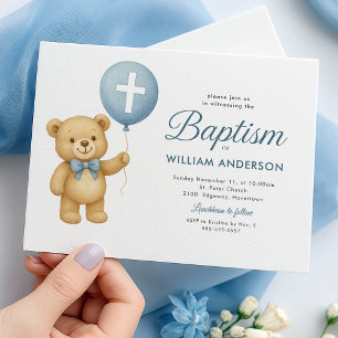 Teddy Bear & Cross Baptism Invitación