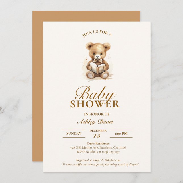 Teddy Bear Elegant Neutral Invitación Baby Shower (Anverso / Reverso)