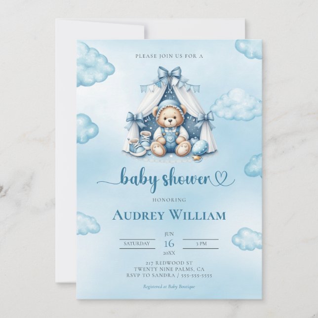 Teddy Bear En La Invitación De Baby Shower De Tien (Anverso)