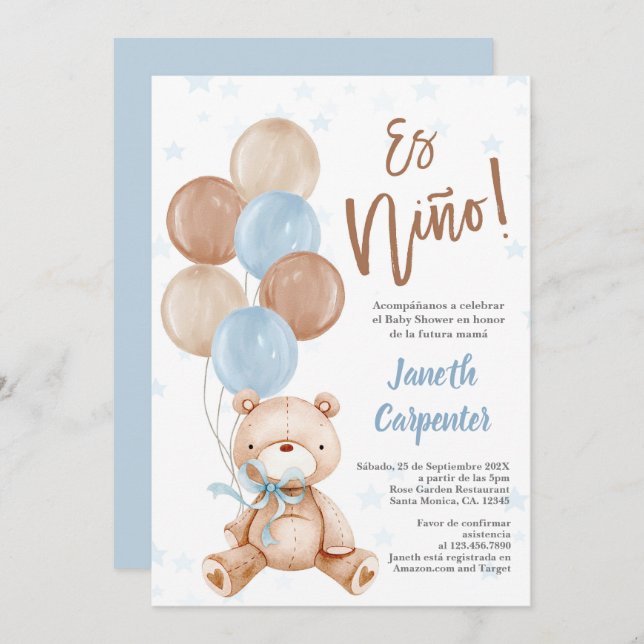 Teddy Bear español Bebé ducha niño Invitación (Anverso / Reverso)