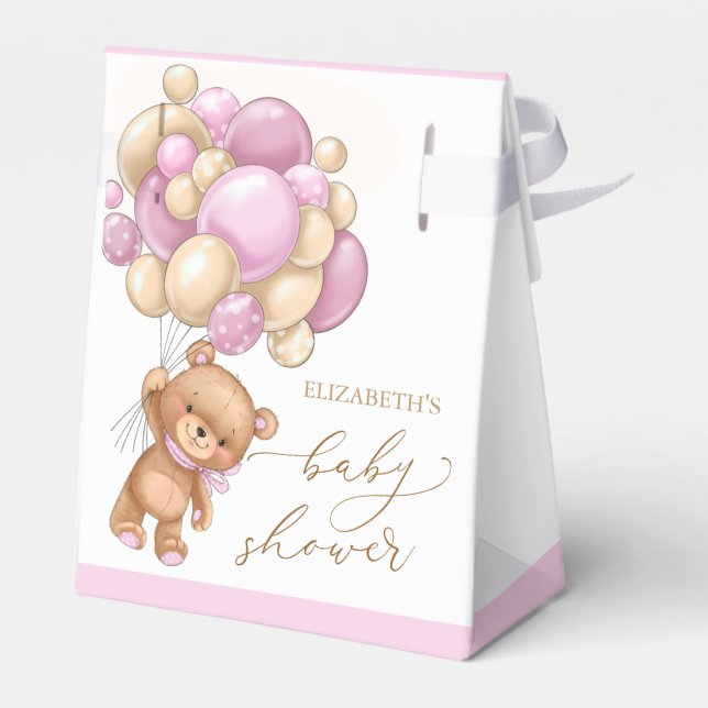 Teddy Bear Globos rosados Caja Baby Shower Favor (Reverso)