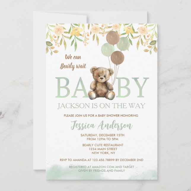 Teddy Bear Green Unisex invitaciones a la ducha pa (Anverso)