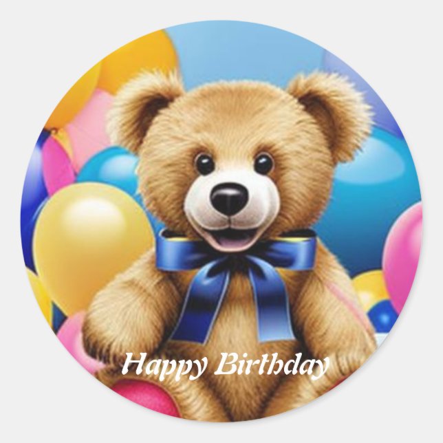 Teddy Bear Happy Birday Classic Round Pegatina (Anverso)
