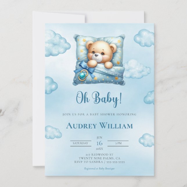 Teddy Bear Invitación Baby Shower Oh Bebé Pillow (Anverso)